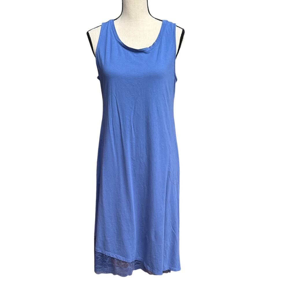 LOGO Lori Goldstein Blue Sleeveless Midi Dress Medium Lace Trim Asymmetrical Hem
